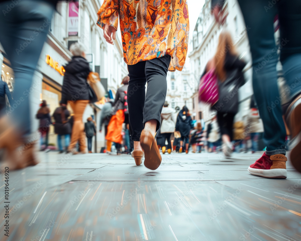 Busy Urban City Street Full of Shoppers - Vibrant Clothing and Crowd in Motion Busy Urban City Street Full of Shoppers - Vibrant Clothing and Crowd in Motion