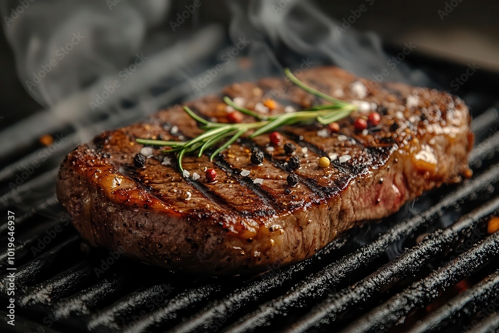 sizzling ribeye steak on rustic grill aromatic rosemary sprigs cracked peppercorns scattered golden char lines visible wispy smoke tendrils rising warm ambient lighting sizzling ribeye steak on rustic grill aromatic rosemary sprigs cracked peppercorns scattered golden char lines visible wispy smoke tendrils rising warm ambient lighting