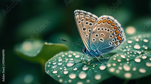 A butterfly sits on a clover leaf after morning rain Magical Butterfly close up butterfly wings are folded Harmony of nature Common blue butterfly in summer season Plebejus idas : Generative AI photo