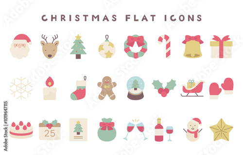 クリスマスのかわいいフラットアイコンセット。ナチュラルな雰囲気のベクターイラスト。