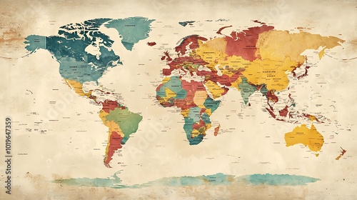 world map with detailed continents, labeled countries, and major cities in soft pastel colors against a light textured background 