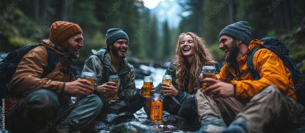 Four friends enjoying a drink by a river in the woods. Four friends enjoying a drink by a river in the woods.