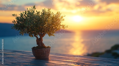 Small olive tree on the terrace with sea view Beautiful sunset at Santorini island Greece : Generative AI