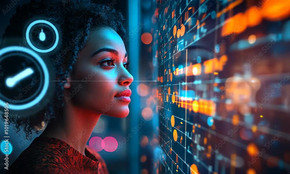 Woman Looking At Screen With Data and Lights Woman Looking At Screen With Data and Lights