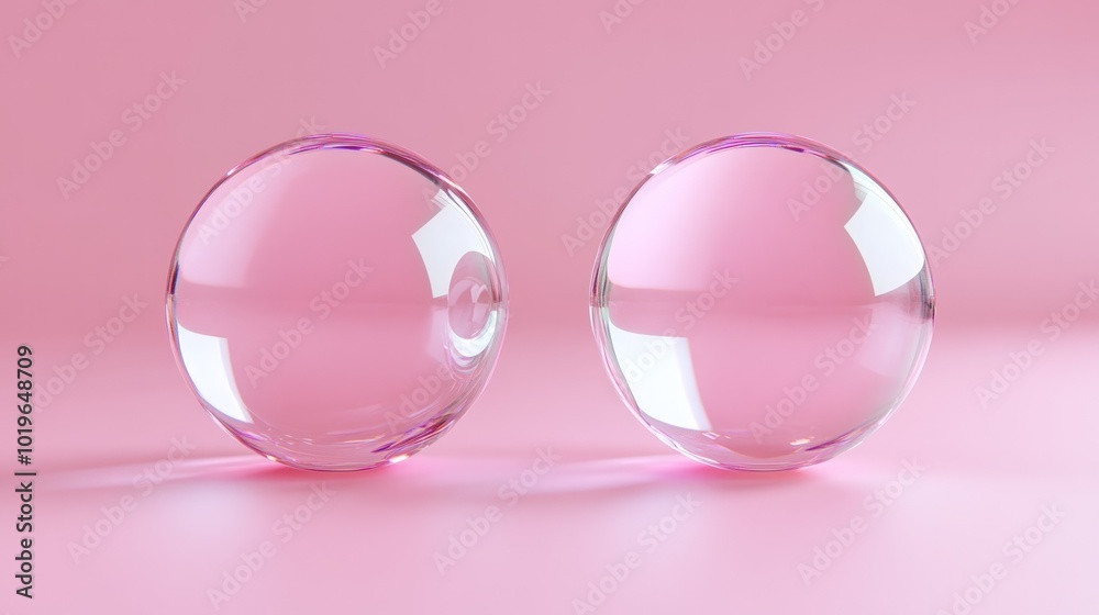 Two clear glass spheres on a pink background. Two clear glass spheres on a pink background.