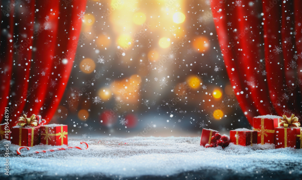 Red Christmas background with gifts, candy canes, and snow in a festive and minimalist design Red Christmas background with gifts, candy canes, and snow in a festive and minimalist design
