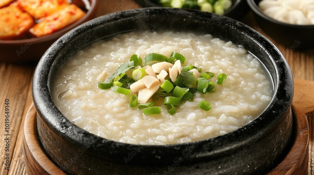 Delicious Rice Porridge in Stone Bowl with Toppings Delicious Rice Porridge in Stone Bowl with Toppings