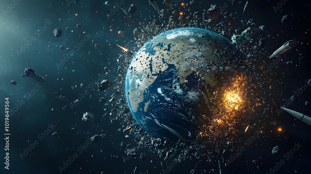 Obraz premium A digital depicting a fragile earth globe surrounded by a swarm of missiles ready to strike with the surface of the planet showing cracks and damages from previous impacts
