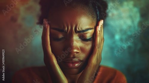 Woman in Deep Contemplation With Hands on Her Face Against a Colorful Backdrop of Emotions and Thoughts