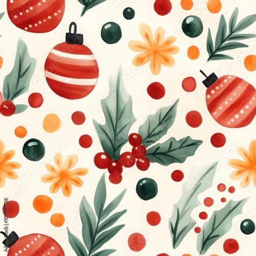 Minimal Watercolor Holly Leaves and Berries Pattern
