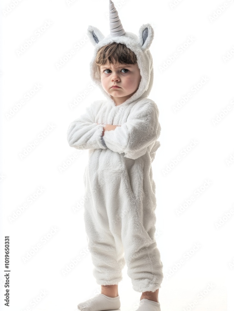 boy standing full-length, serious and sad, dressed as a unicorn boy standing full-length, serious and sad, dressed as a unicorn