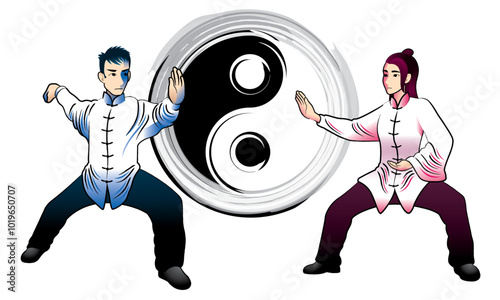 A man and a woman are performing Tai Chi. Vector. With Tai Chi icon as background.