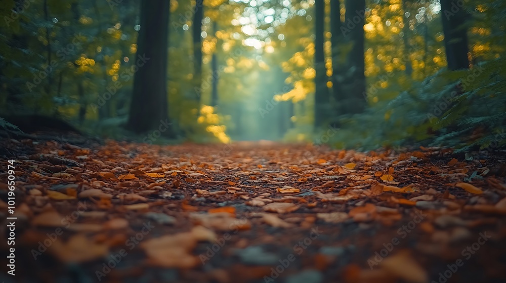 Close up of a forest path full of leaves : Generative AI Close up of a forest path full of leaves : Generative AI