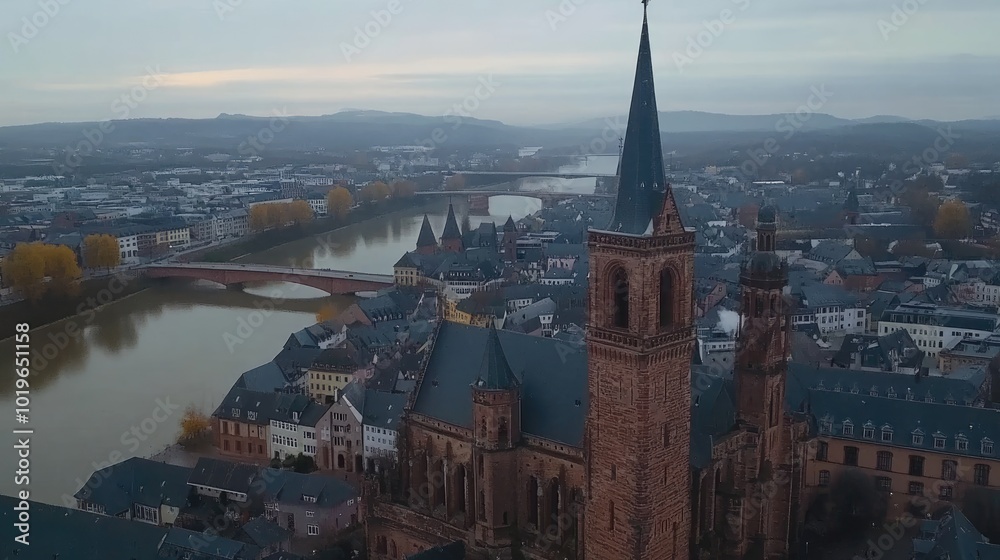 Fototapeta premium Aerial View of Historic German City at Dawn