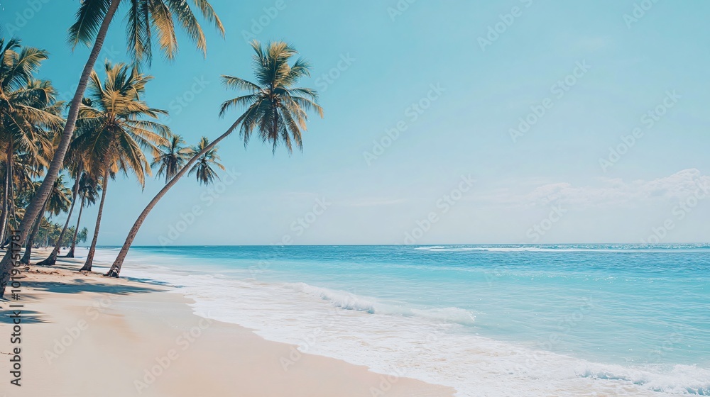 Palm trees on a sandy beach with clear blue water. Palm trees on a sandy beach with clear blue water.