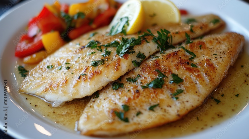 Grilled Fish with Lemon and Herbs on Plate Grilled Fish with Lemon and Herbs on Plate