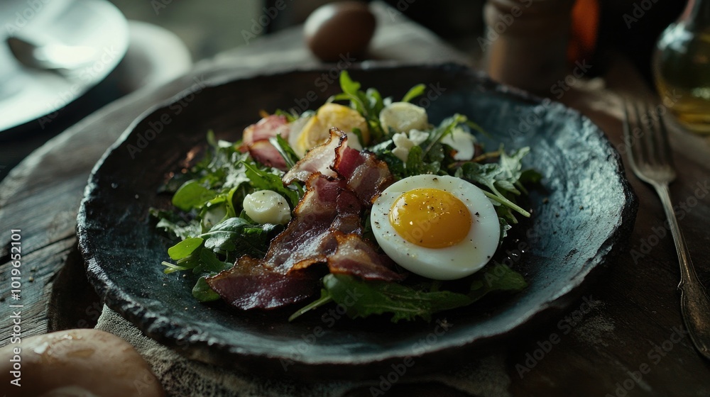 Delicious breakfast plate with greens and eggs Delicious breakfast plate with greens and eggs