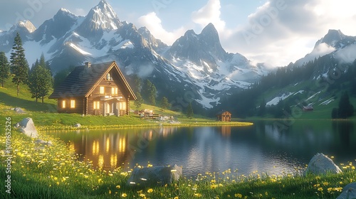 Generative AI Image of Beautiful Swiss Alps with River Lake Pond Home House Cottage at Bright Day