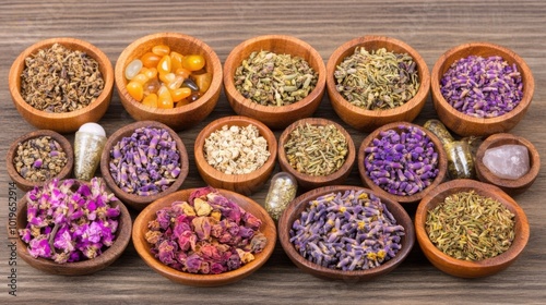 Traditional Herbal Medicine in Jars and Bowls