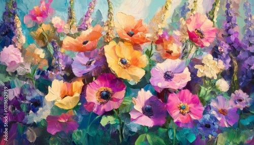 Fototapeta Naklejka Na Ścianę i Meble -  A colorful oil painting depicting a field of vibrant pink, purple, and orange flowers.