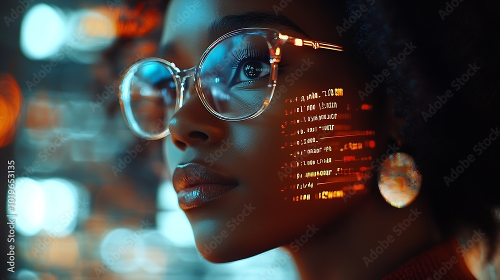 Black woman with tablet erp data hologram and innovation research and programming in future information technology Futuristic network analytics and developer for startup business websi : Generative AI