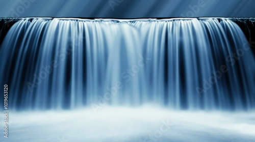 A striking waterfall flows with force, surrounded by mist and deep blue hues, capturing natures aweinspiring energy.
