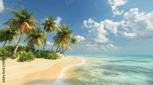 Palm trees on a tropical beach with blue sky and white clouds.