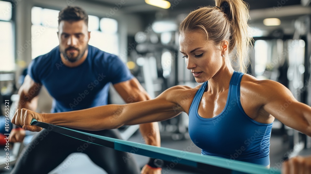 A focused woman exercises with resistance bands in a gym, while a man supports her effort, showcasing dedication to fitness and strength training. A focused woman exercises with resistance bands in a gym, while a man supports her effort, showcasing dedication to fitness and strength training.