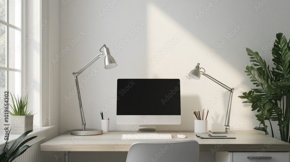 Obraz premium A contemporary home office featuring a sleek metal pipe table lamp on a minimalist desk, highlighting eco-conscious design and simplicity.