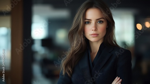 Portrait of a business woman in a strict black suit in the office : Generative AI