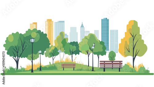 City park with trees and bench in flat style. Vector illustration.