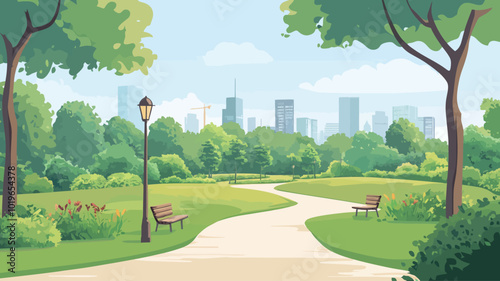 City park with trees, benches and paths. Vector illustration in flat style