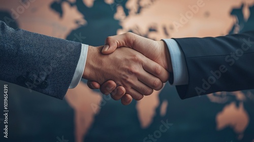 Global Partnership: A powerful handshake seals a significant deal, symbolizing international collaboration and mutual success against a world map backdrop.  