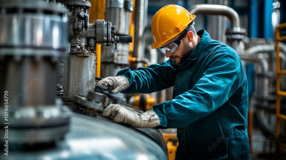 Industrial Worker Performing Maintenance on Machinery in a Manufacturing Plant During the Day Industrial Worker Performing Maintenance on Machinery in a Manufacturing Plant During the Day