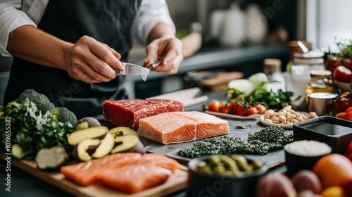 A hand prepares fresh ingredients including salmon, vegetables, and nuts on a kitchen counter, showcasing a healthy cooking setup.