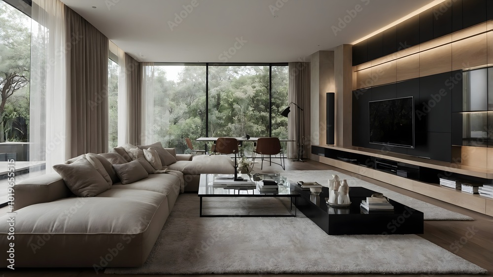 Fototapeta premium Modern Ultra Minimalist Living Room with Large Sofa and White Soft Tone (AI-Generated) 