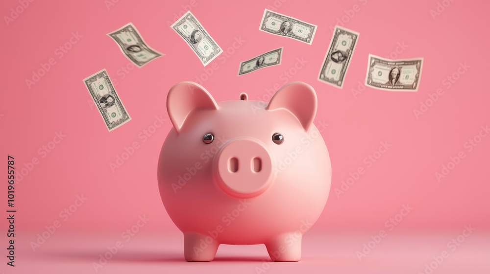 Inflation Concept with Piggy Bank and Flying Dollar Bills