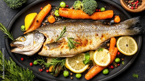 Freshly Cooked Fish with Colorful Vegetables Display