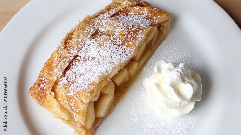Delicious Apple Strudel with Whipped Cream Garnish Delicious Apple Strudel with Whipped Cream Garnish