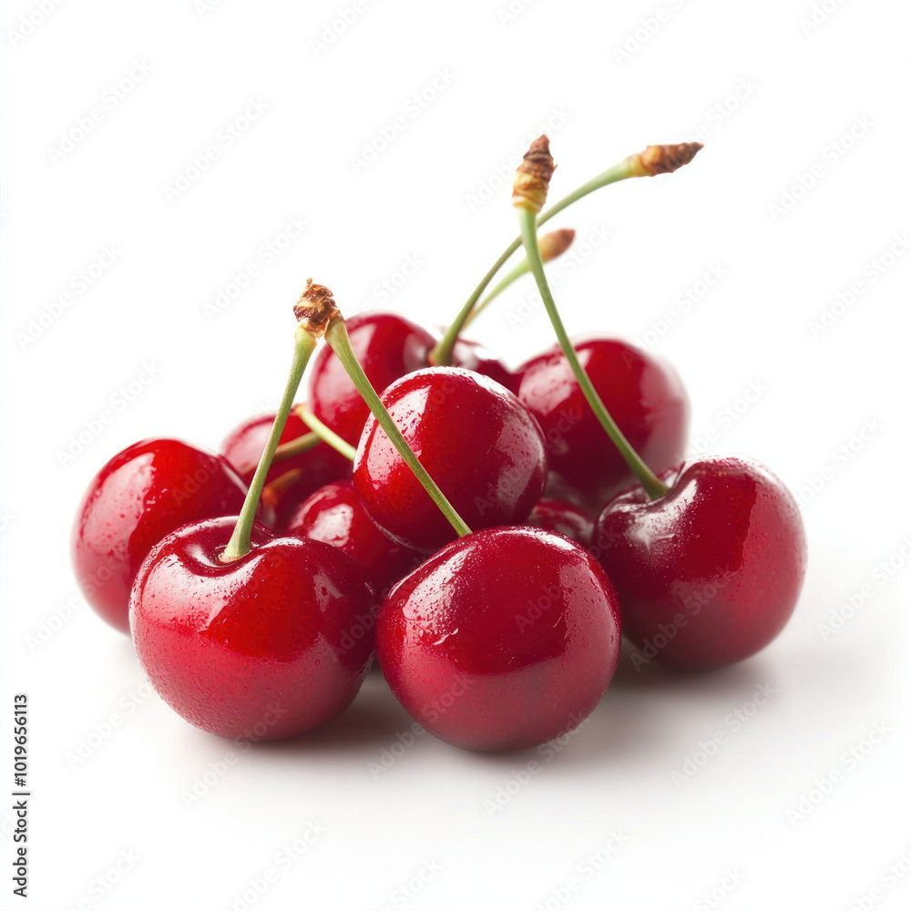 Brightly lit bunch of cherries, fresh and juicy, isolated on white Brightly lit bunch of cherries, fresh and juicy, isolated on white