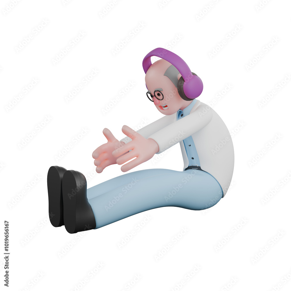 3D Scientist Male in Professional Setting. A male scientist is doing the seated foot-touch stretch. Science 3D Scientist Male in Professional Setting. A male scientist is doing the seated foot-touch stretch. Science