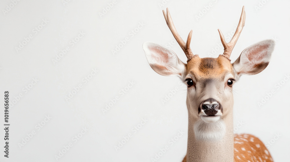 deer standing still with antlers on white background, showcasing its features deer standing still with antlers on white background, showcasing its features