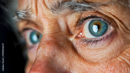 Close up portrait of an elderly person s face displaying a pained expression with a focus on their wrinkled skin and intense eyes conveying discomfort and concern photo