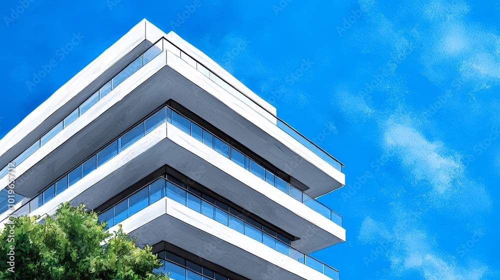 Abstract watercolor representation of a luxury condominium with glass balconies. Abstract watercolor representation of a luxury condominium with glass balconies.