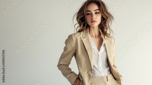 Elegant style A beautiful fashion model poses in a loose beige pantsuit on a white background Female fashion Fulllength studio portrait : Generative AI