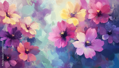 A painting of pink, purple, and yellow flowers with a soft, blurred background.