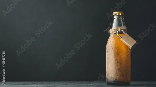 Conceptual still life image of an amber glass alcohol bottle with a metal lock on the cap representing the idea of controlling one s urges addiction and the need for self discipline photo