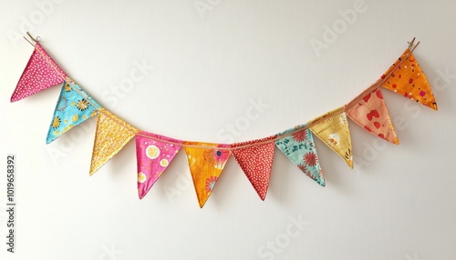 A colorful string of fabric bunting featuring various patterns, ideal for decoration at parties or celebrations.