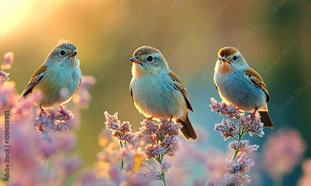 Three Birds Perched on Flowers at Sunset Three Birds Perched on Flowers at Sunset
