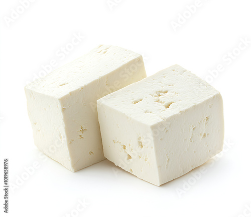 Two pieces of white color Tofu isolated on the white background, no shadow under it, product photography, soft shadows, studio lighting, advertising photoshoot, hyper-realistic, high resolution, high 